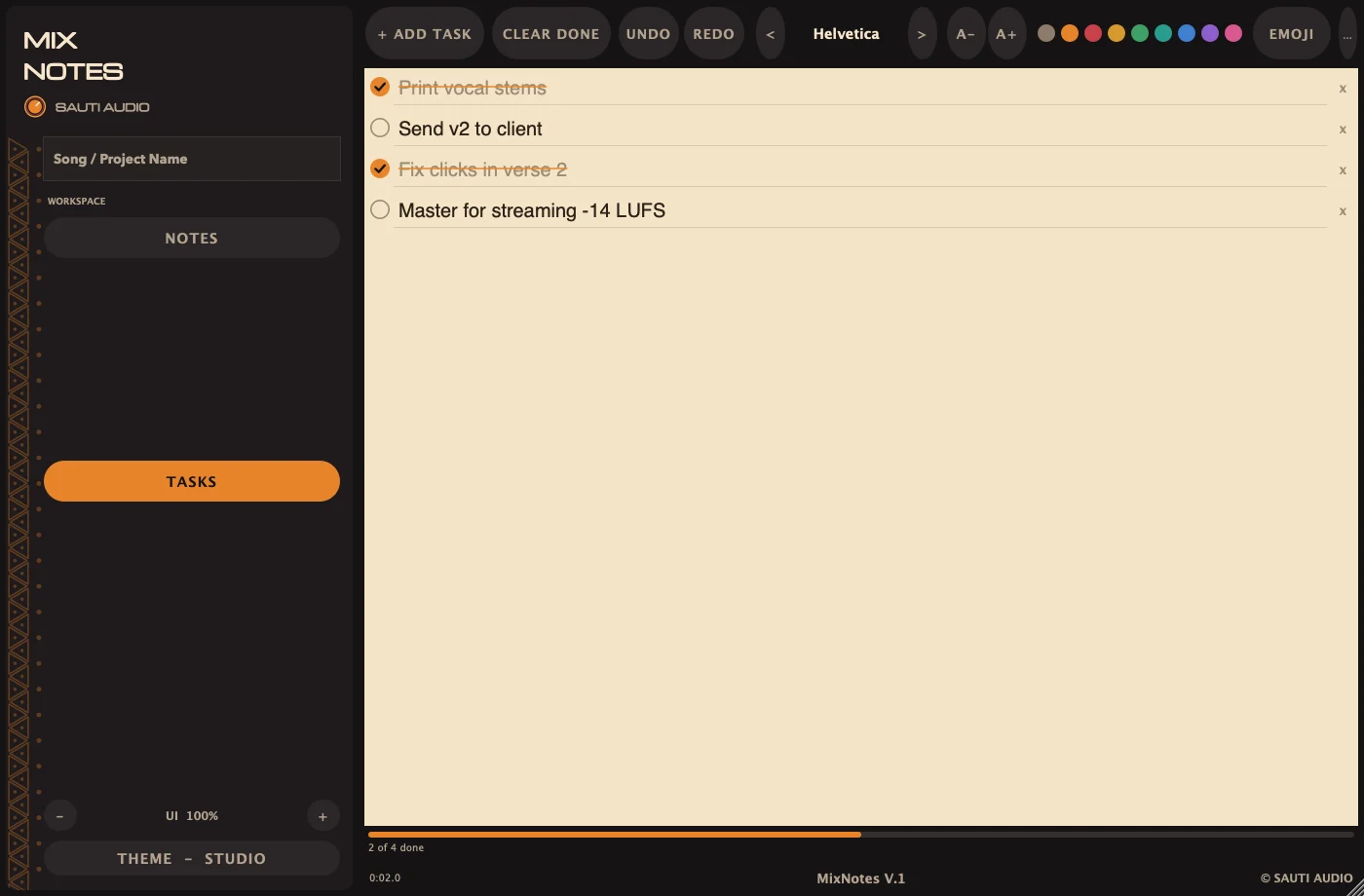 Mix Notes task list in the Studio theme